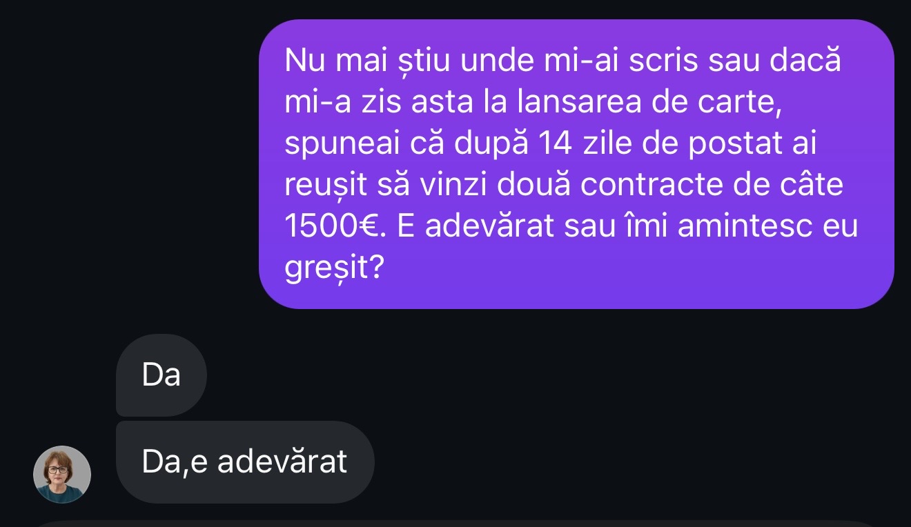 Conversație cu Camelia care confirmă vânzările de 3.000 euro în 14 zile