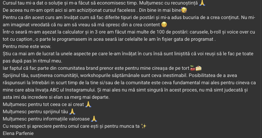 Mesaj Elena Parfenie despre cursul Faceless și comunitatea Brandprenor