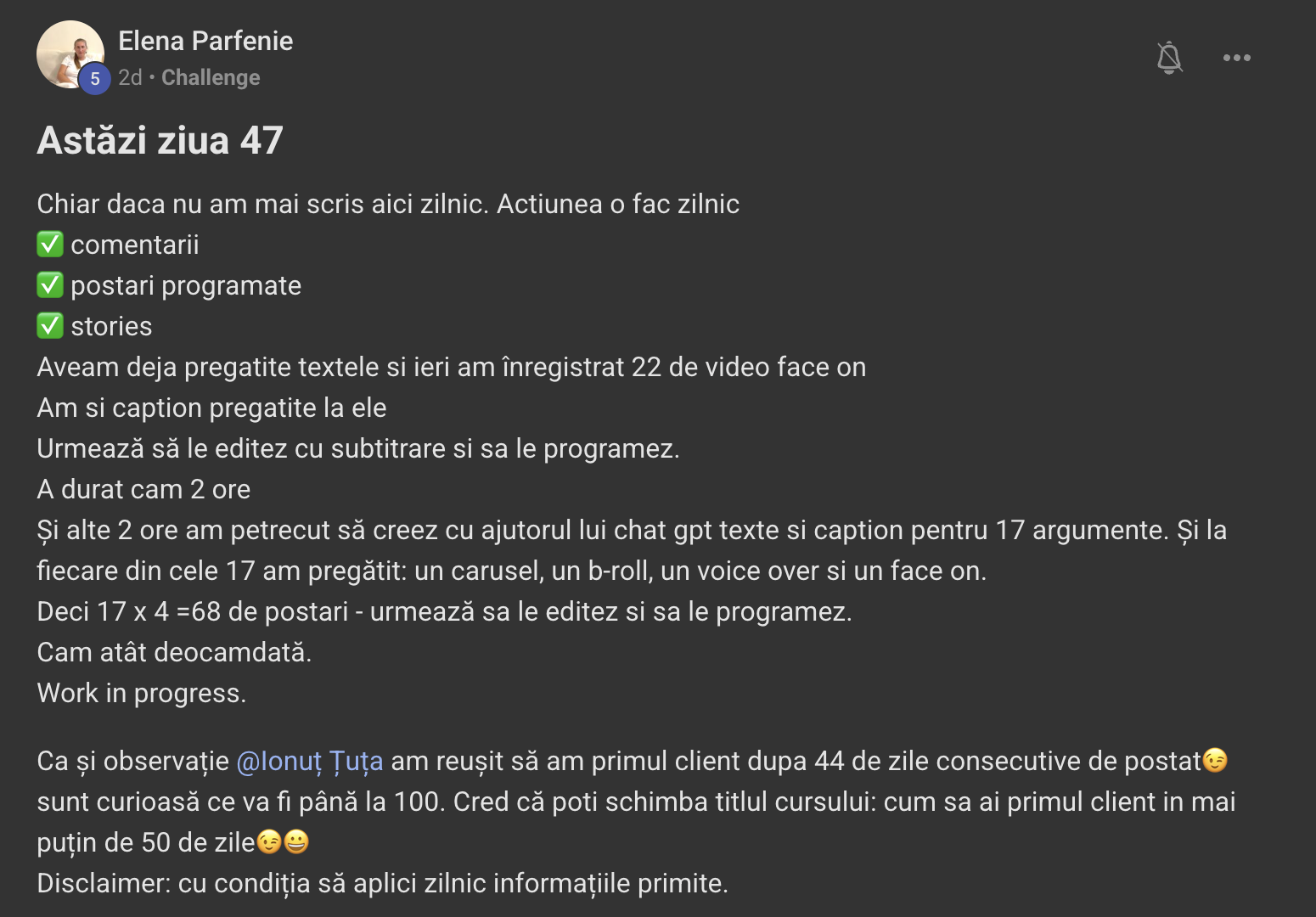 Postare Elena Parfenie, ziua 47 din challenge